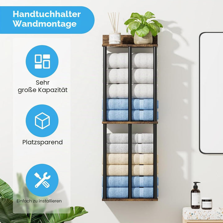 Wandmontierter Handtuchhalter mit Holzbrett - Handtuchstange Rustikales Braun & Schwarz - Grosse Kap