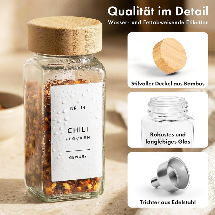 EDELHAUS® Gewürzgläser Eckig mit Bambus Holzdeckel (24 Stück) Gewürzdosen mit Streueinsatz und 240 E
