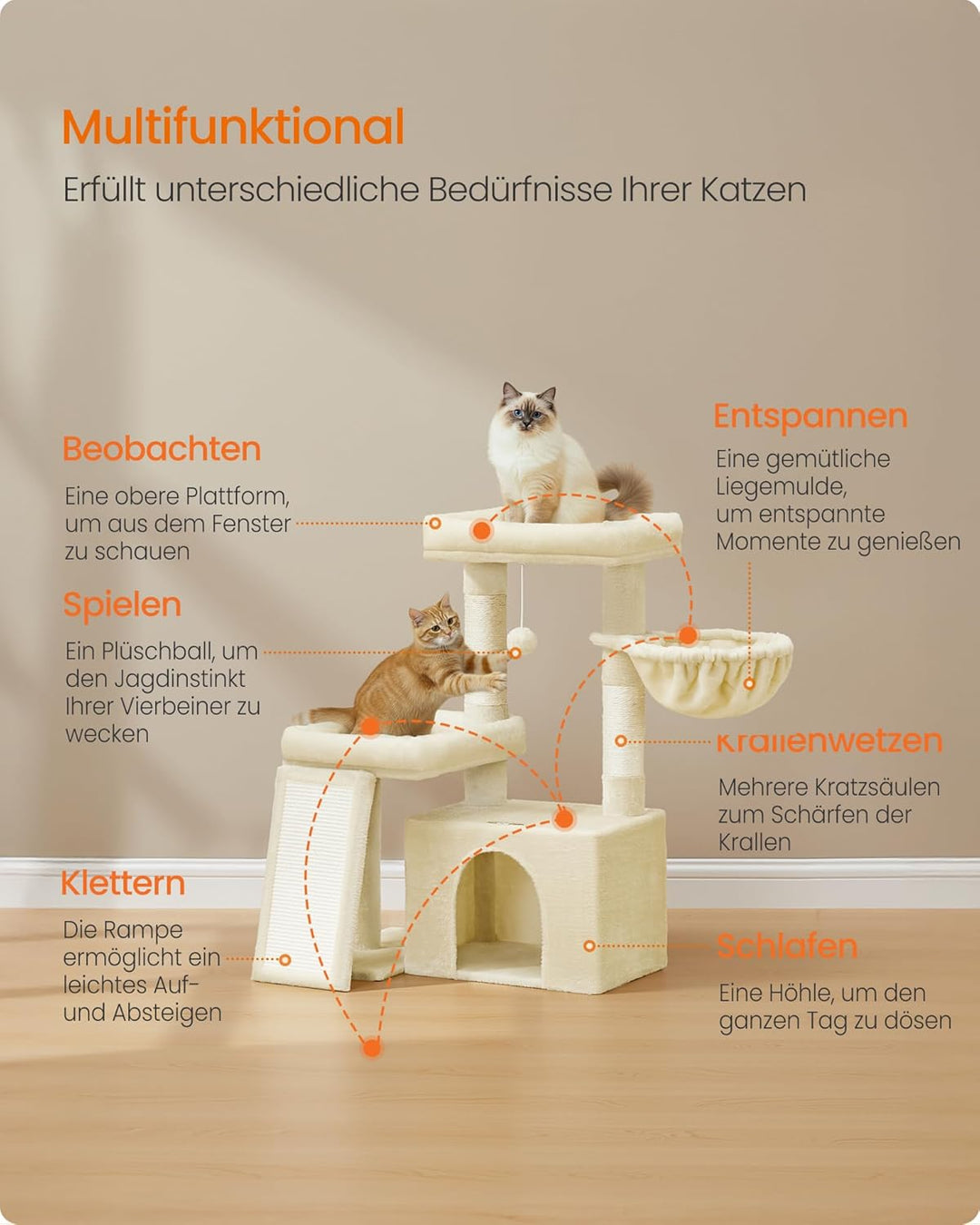 Feandrea Kratzbaum, Katzenbaum mit Kratzsäulen, Rampe, Katzenkratzbaum, 2 grosse Plattformen, Höhle