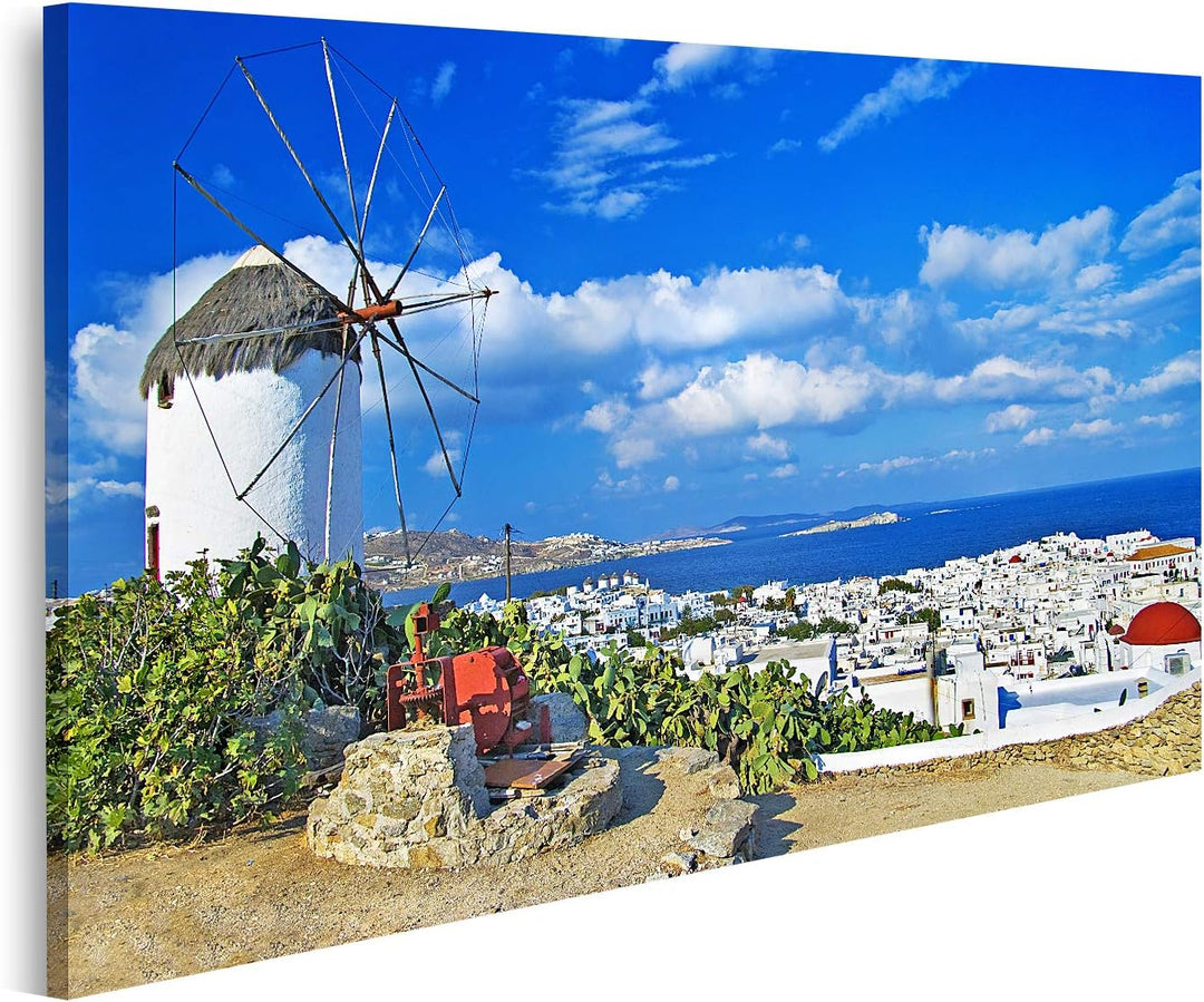 islandburner Bild auf Leinwand Mykonos Blauer Himmel Windmühle Bilder Wandbilder Poster Leinwand 100