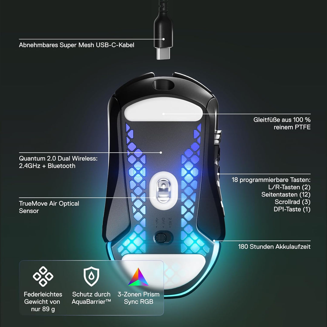 SteelSeries Aerox 9 Wireless Gaming-Maus – Ultraleicht für MMOs/MOBAs – 89 g Gewicht – 18 programmie