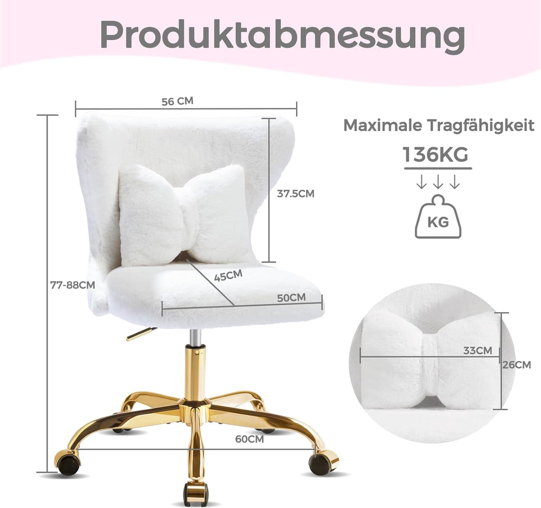 Schminktisch Stuhl mit Rollen Gold, Schreibtischsessel Mädchen, Drehstuhl Home Office mit Kissen, Hö