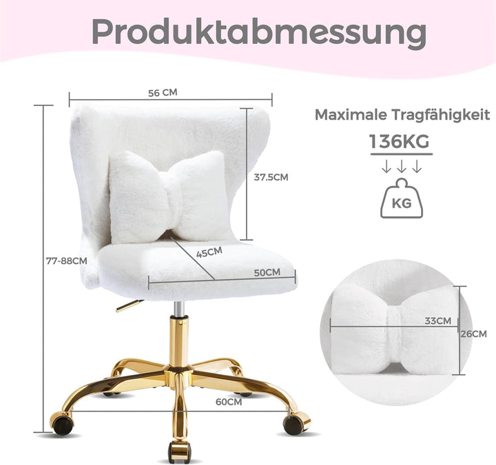 Schminktisch Stuhl mit Rollen Gold, Schreibtischsessel Mädchen, Drehstuhl Home Office mit Kissen, Hö