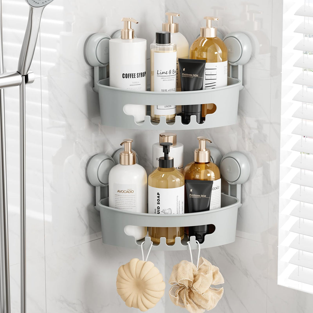 TAILI Duschablage Ohne Bohren,Einstellbar Ecke Dusche Caddy Saugnapf 2er Set Dusche Zubehör mit Hake