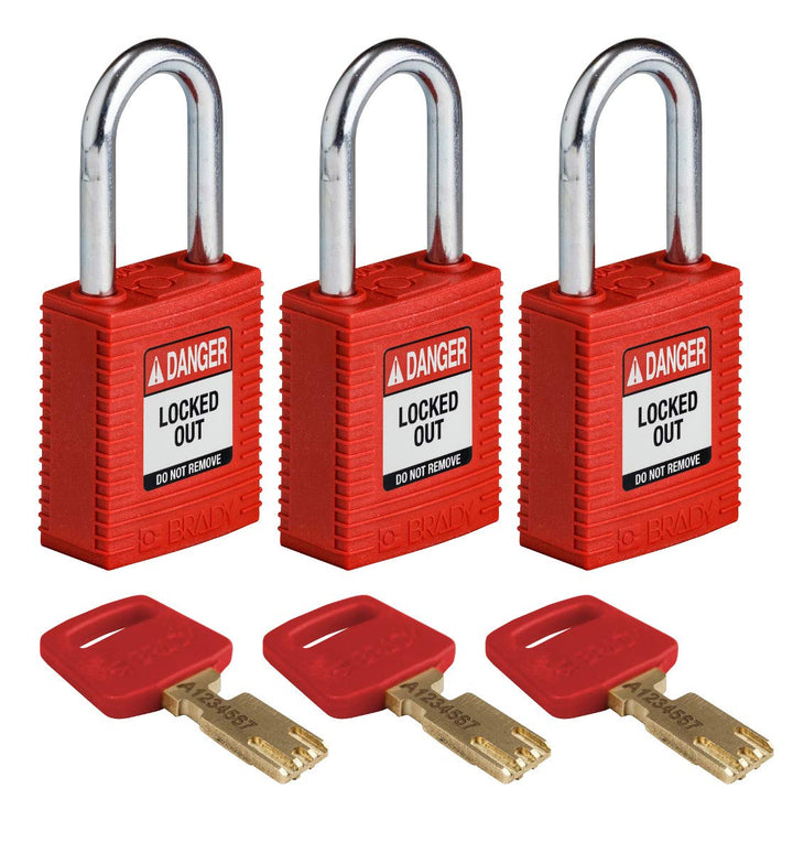 Brady (NYL-RED-38ST-KA3PK) SafeKey Nylon Lockout-Vorhängeschloss Mit Stahl Bügel 38.00 mm Rot KA - G