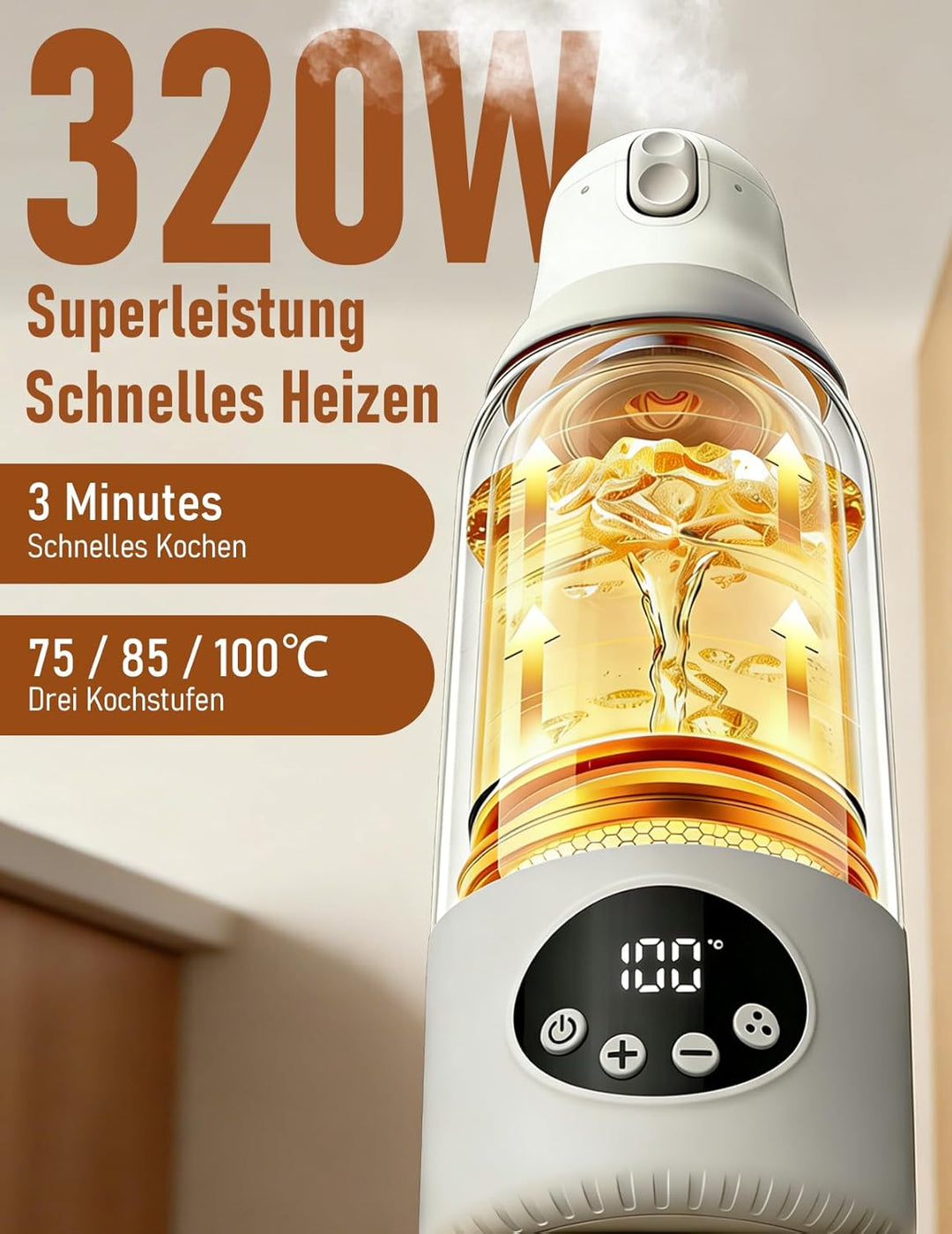 Tragbarer Flaschenwärmer für Baby unterwegs, 500ml Babyflaschenwärmer, 320W Schnellwärmung，unterstüt