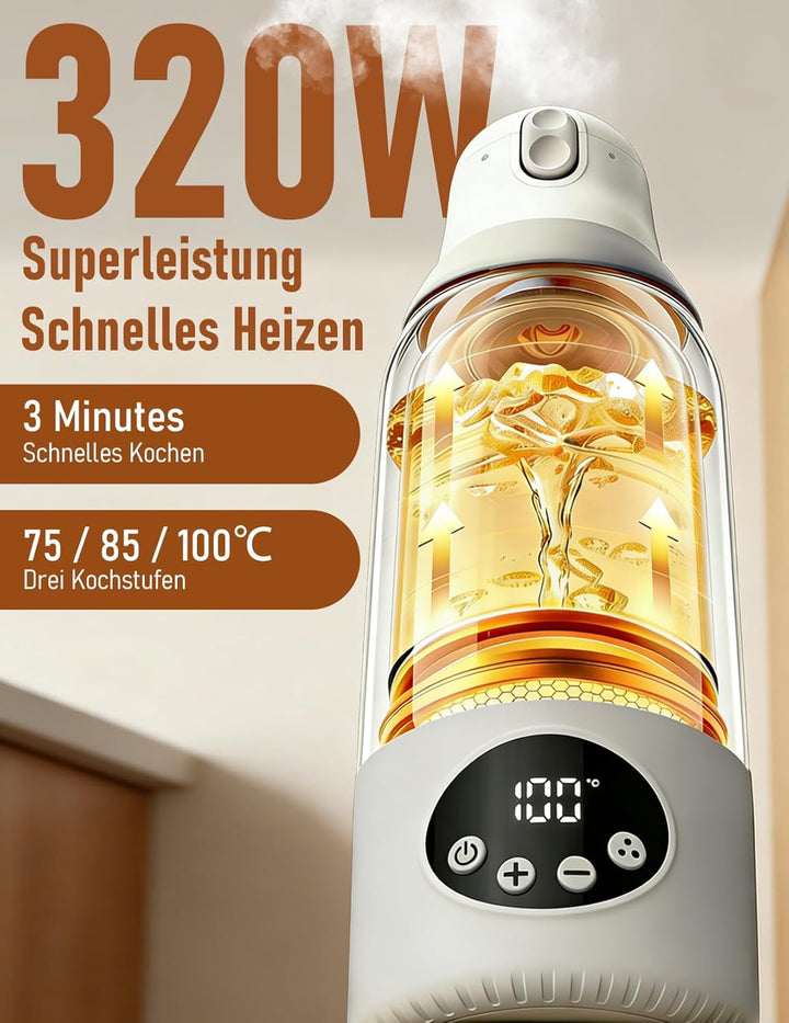 Tragbarer Flaschenwärmer für Baby unterwegs, 500ml Babyflaschenwärmer, 320W Schnellwärmung，unterstüt