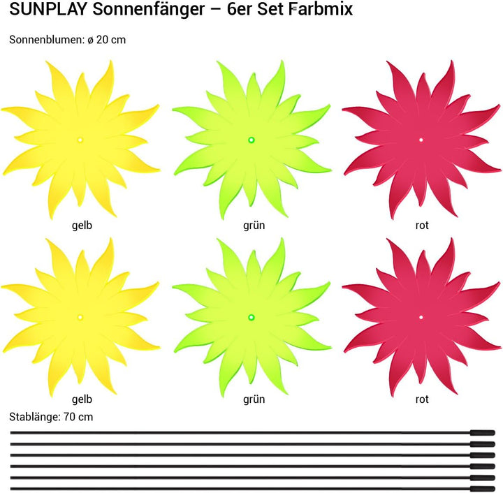 SUNPLAY Sonnenfänger - Sonnenblumen 6er-Set - 2X Gelb, 2X Grün, 2X Rot - Ø 20 cm Durchmesser + Schwi