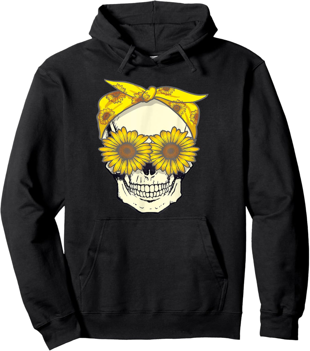Vintage-Sonnenblumen-Schädel mit Grafik, gelb, Retro-Stil Pullover Hoodie
