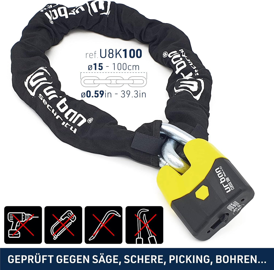 URBAN U8K100 Kettenschloss Motorrad Motorradschloss Vorhängeschloss und Kette, Sicherheit 20/20 mit