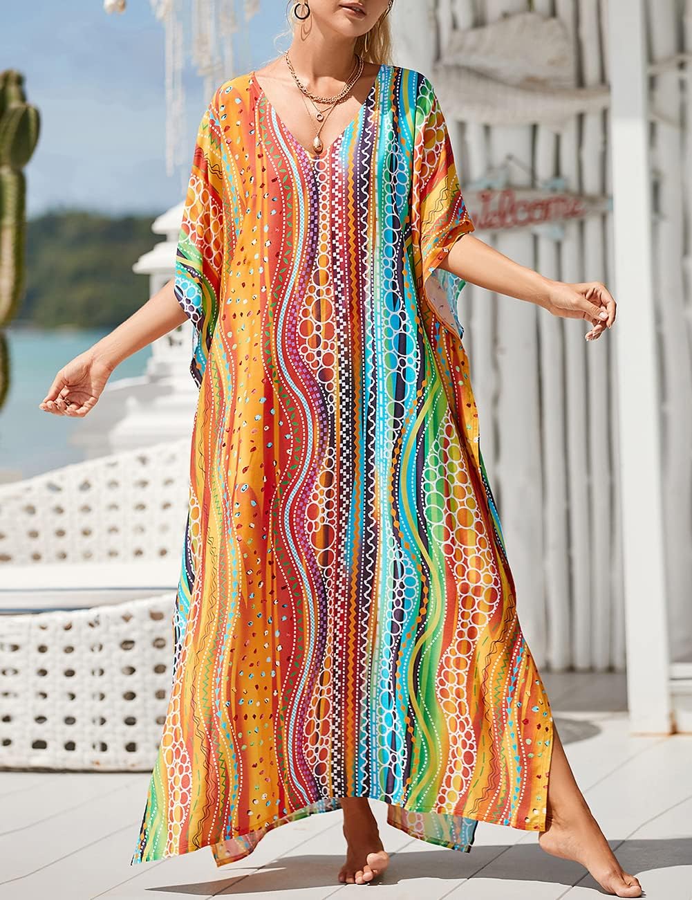 Bsubseach Damen Casual Beach Kaftan Kleid Kurzarm Loungewear Caftan Strandkleid Druck 14, Druck 14