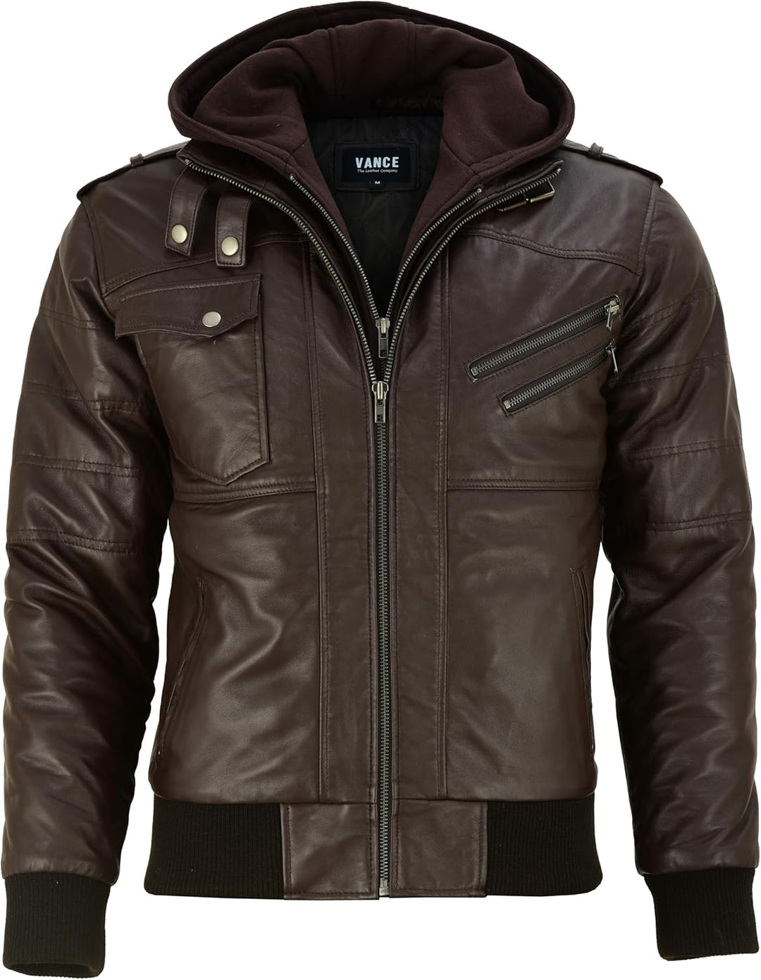 Vance Herren Echt Lederjacke aus 100% Lammleder Abnehmbarer Hoodie S Dunkelbraun, S Dunkelbraun