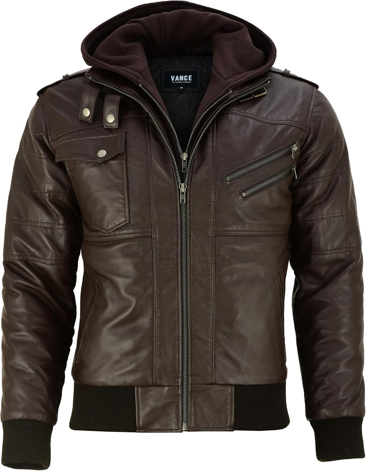 Vance Herren Echt Lederjacke aus 100% Lammleder Abnehmbarer Hoodie S Dunkelbraun, S Dunkelbraun