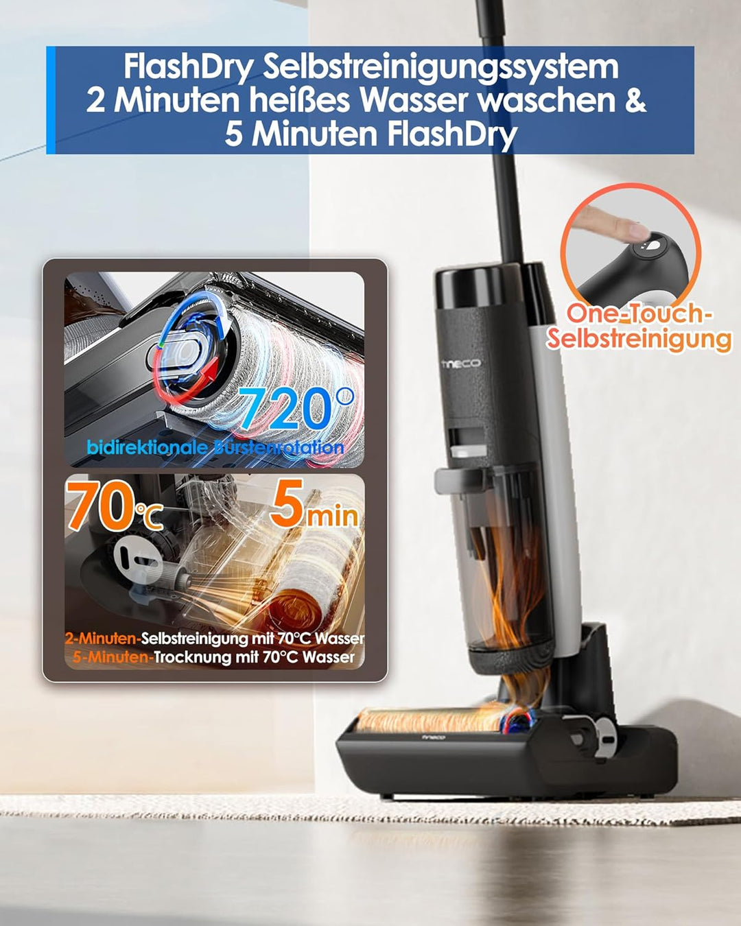 Tineco Floor ONE S7 FlashDry Nass Trockensauger, 70°C Heissluft-Schnell-Trocknung, Doppelseitige Kan