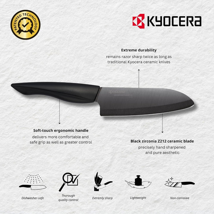 Kyocera Soft-Touch Messerblock Schwarz | 4 SHIN Keramik Messer | Santoku, Universalmesser, Gemüsemes