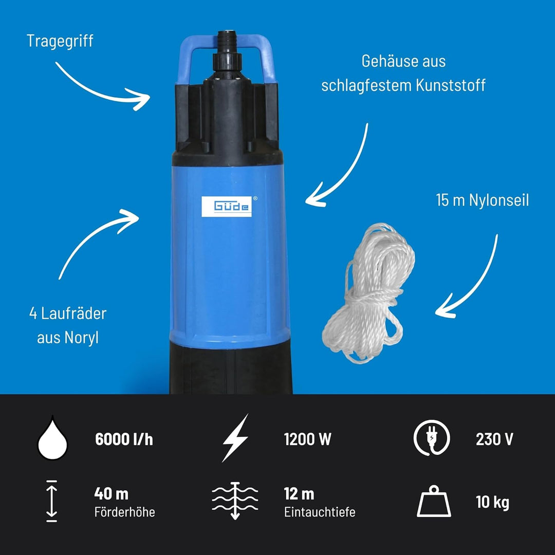 Güde Drucktauchpumpe GDT 1200 (1200 W, Fördervolumen: 6000 l/h, max. Förderhöhe: 40 m, max. Eintauch