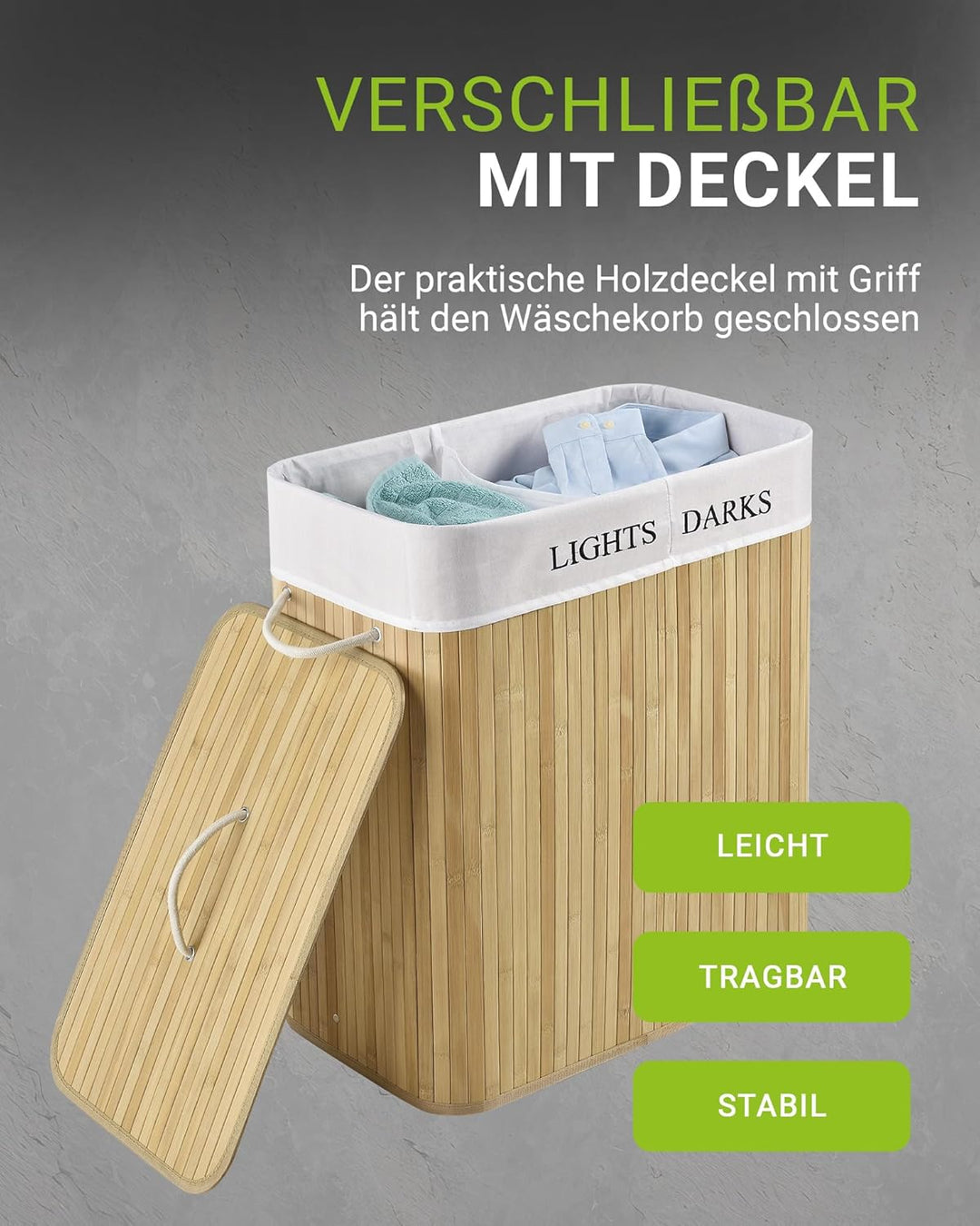 Juskys Bambus Wäschekorb Curly Natur 100L - Hygienischer Wäschekorb mit Deckel, Tragegriff & Wäsches