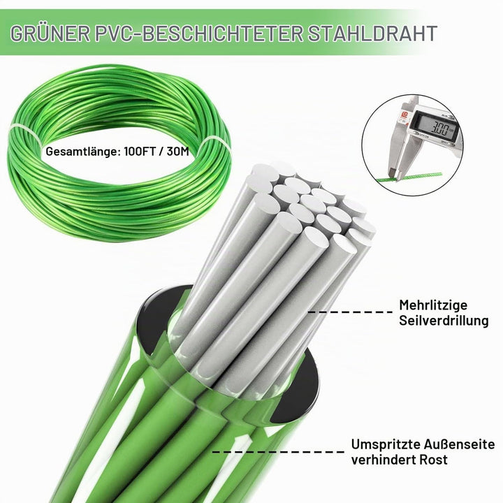 3MM PVC-beschichtetes Drahtseil, 30M Metall Stahlseil Draht Spalier Kit, Multi-use Clothes Line Kabe