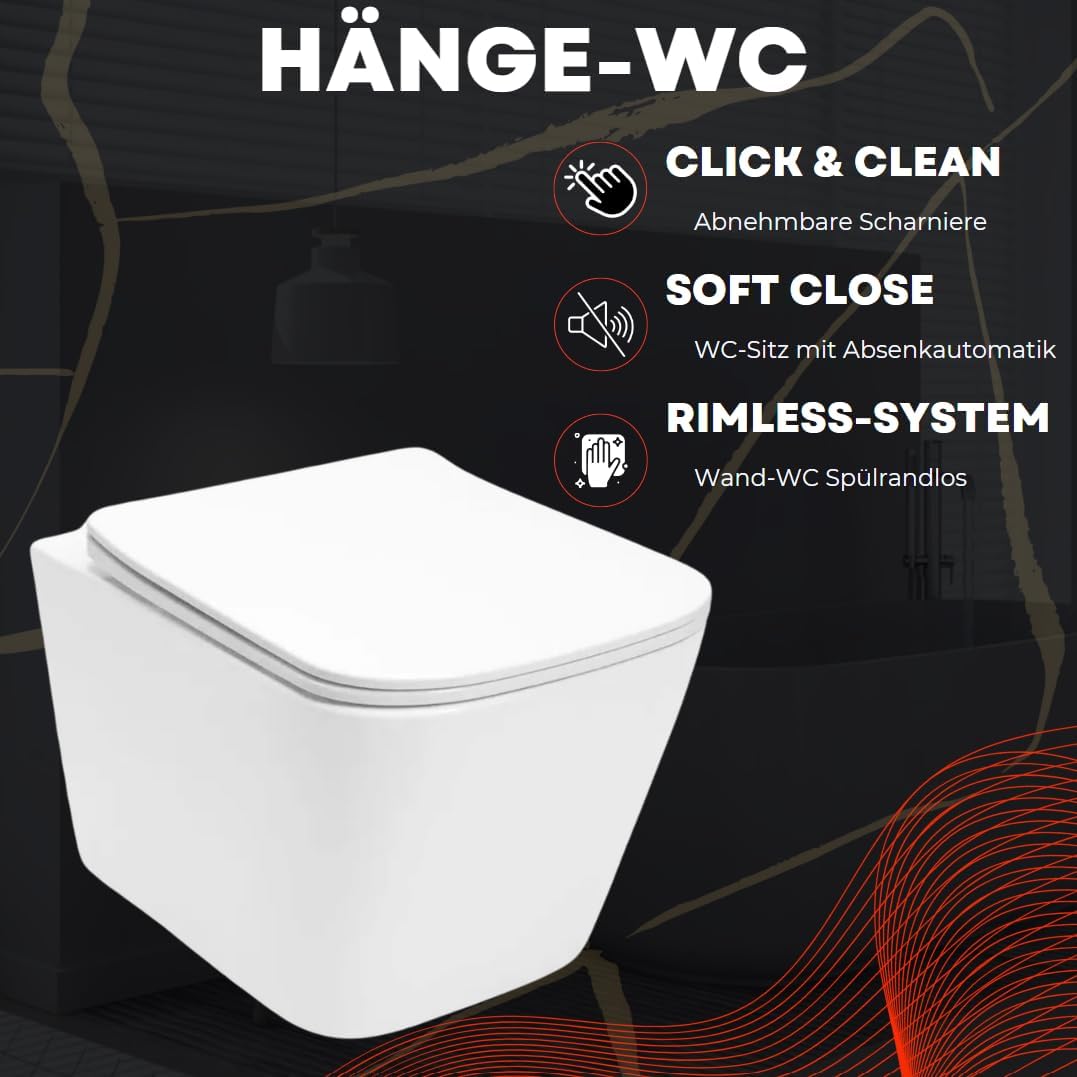 VBChome Hänge-WC Spülrandloses aus Keramik mit Toilettendeckel WC-Sitz aus Duroplast Absenkautomatik