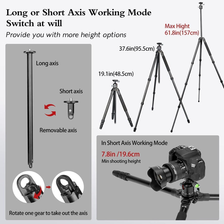Koolehaoda Kamerastativ 158 cm / 1,36 kg, Kompaktes Leichtes Reisestativ, Einbeinstativ mit 36mm Low