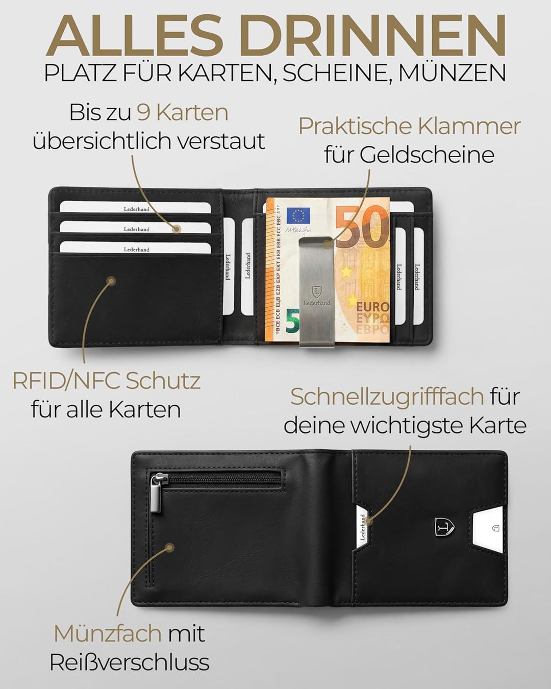 iSlim Wallet - Glattleder Geldbeutel mit Geldklammer und Münzfach, 9 Kartenfach Premium Geldbörse -