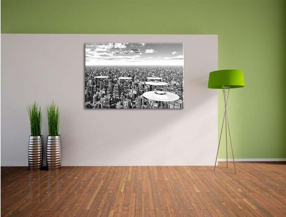 Pixxprint UFO´s über der Stadt Kunst B&W als Leinwandbild | Grösse: 100x70 cm | Wandbild | Kunstdruc