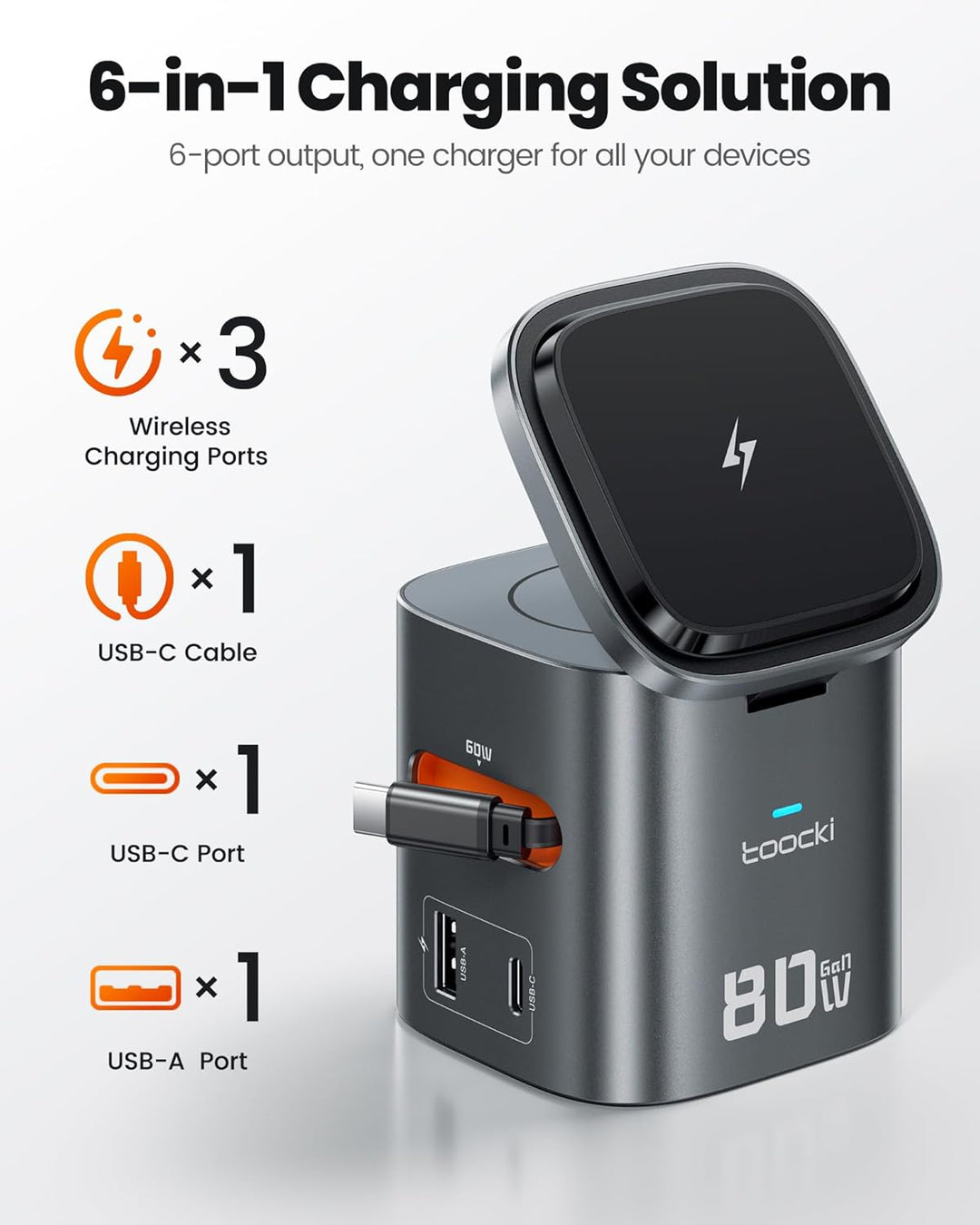 toocki USB C Ladegerät, 6Port GaN Ladestation mit Schnell Einziehbares Ladekabel und Mag.Safe Ladege