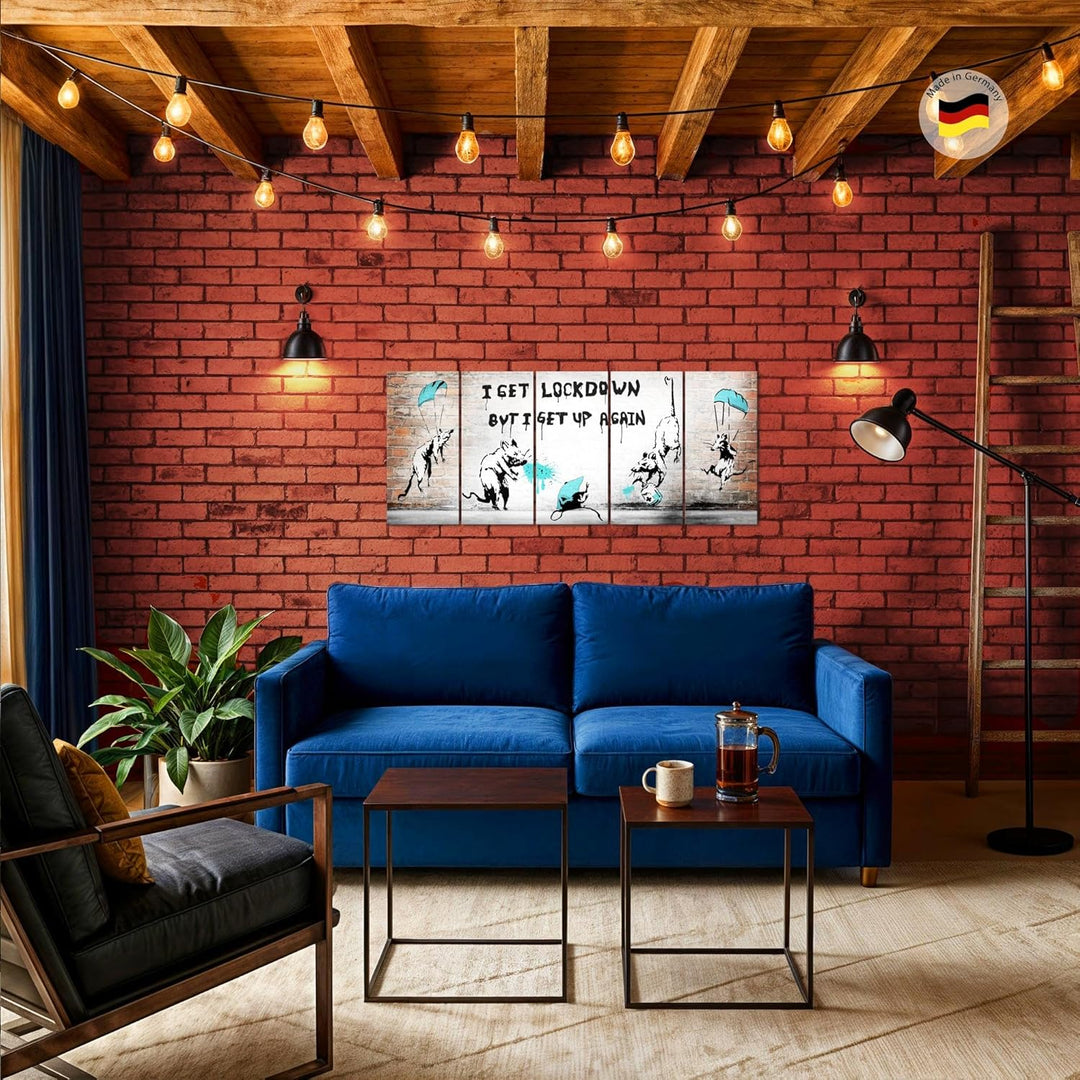 Runa Art Bild Banksy Masken Lockdown Wandbilder auf Vlies Leinwand 5 Teilig Wanddekoration Loft Wohn
