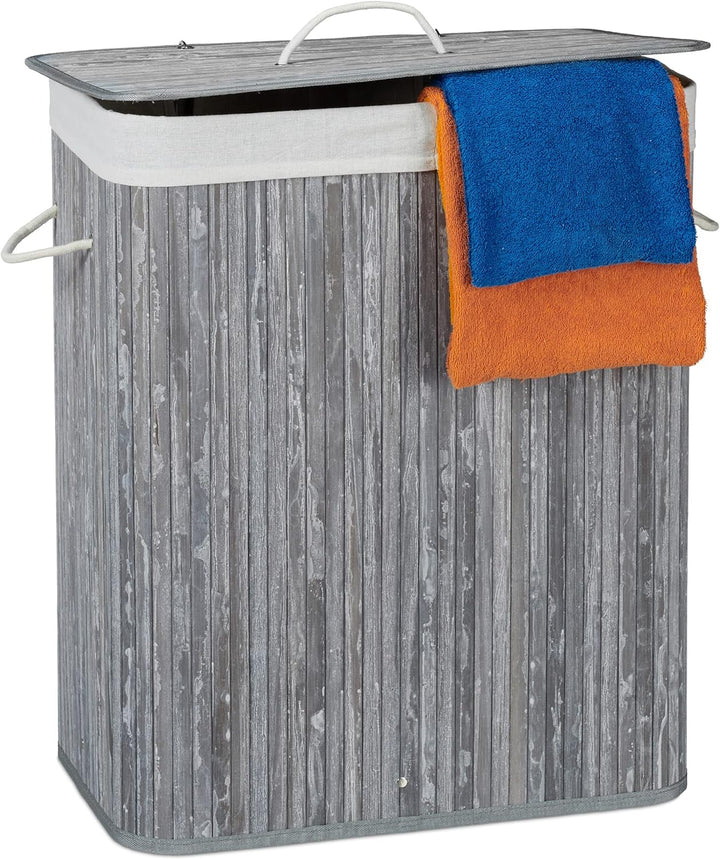 Relaxdays Wäschekorb Bambus mit Deckel, rechteckiger Wäschesammler, 2 Fächer, 95 l Volumen, faltbare