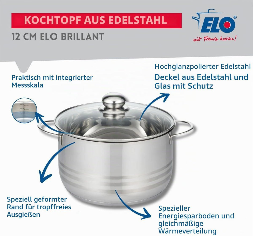 ELO 2222026 Kochtopf Edelstahl, Induktion, 20 cm, Glasdeckel, Grau