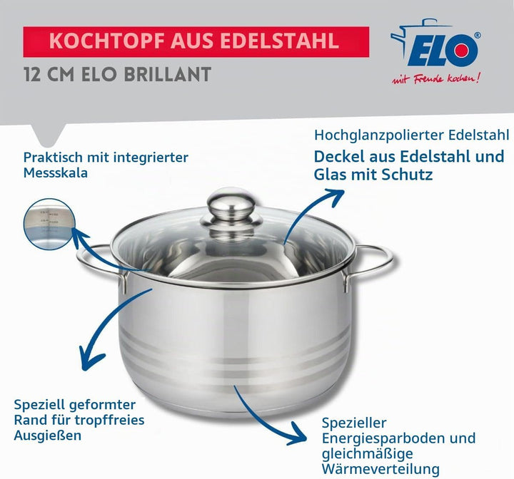 ELO 2222026 Kochtopf Edelstahl, Induktion, 20 cm, Glasdeckel, Grau
