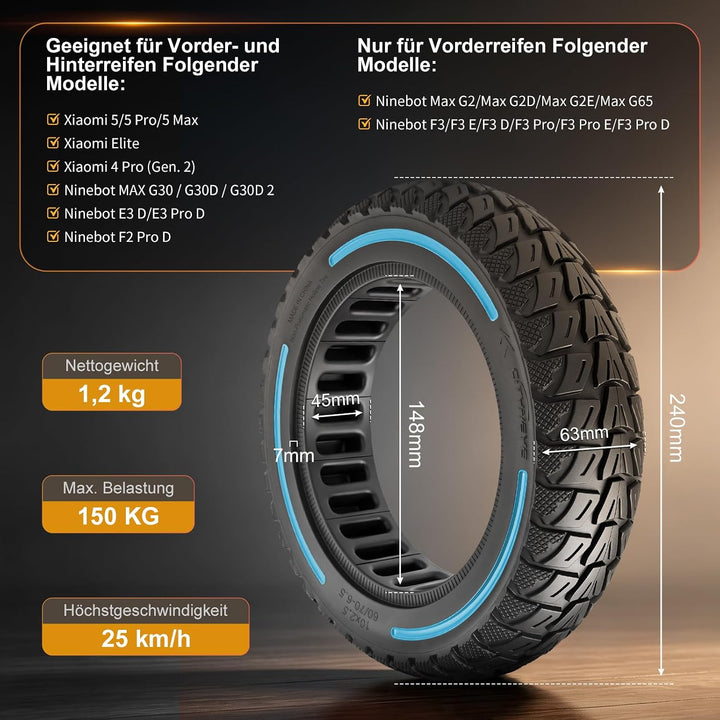 60/70-6,5 Vollgummireifen 10 Zoll Solide Reifen für Xiaomi 5/5 Pro/5 Max,für Ninebot Max G30/Max G30
