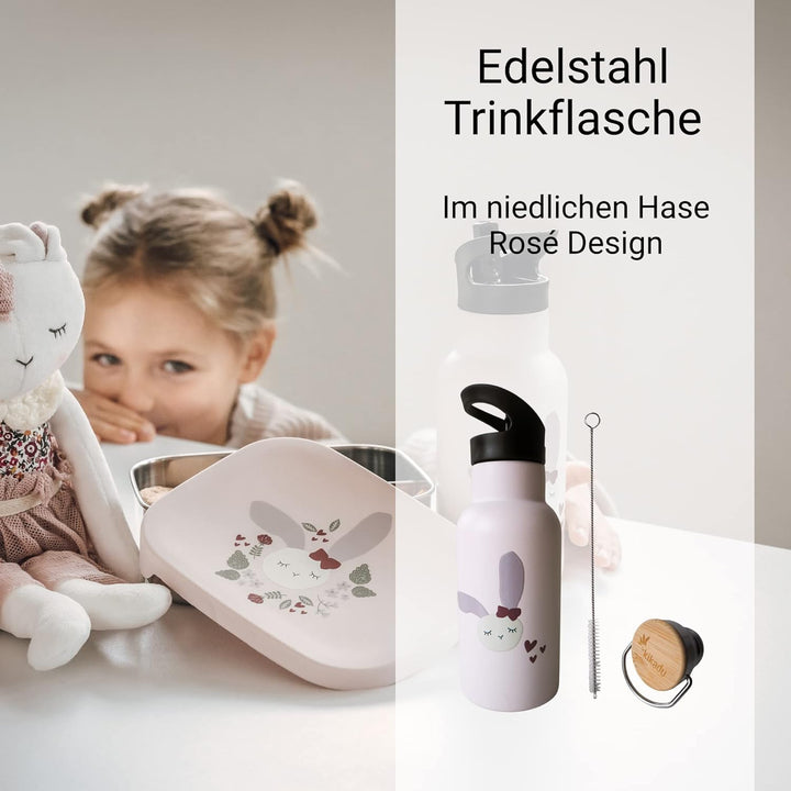 kikadu Trinkflasche Hase Rosé - Kindergeschirr, BPA-frei, mit niedlichen Aufdrucken, Fassungsvermöge