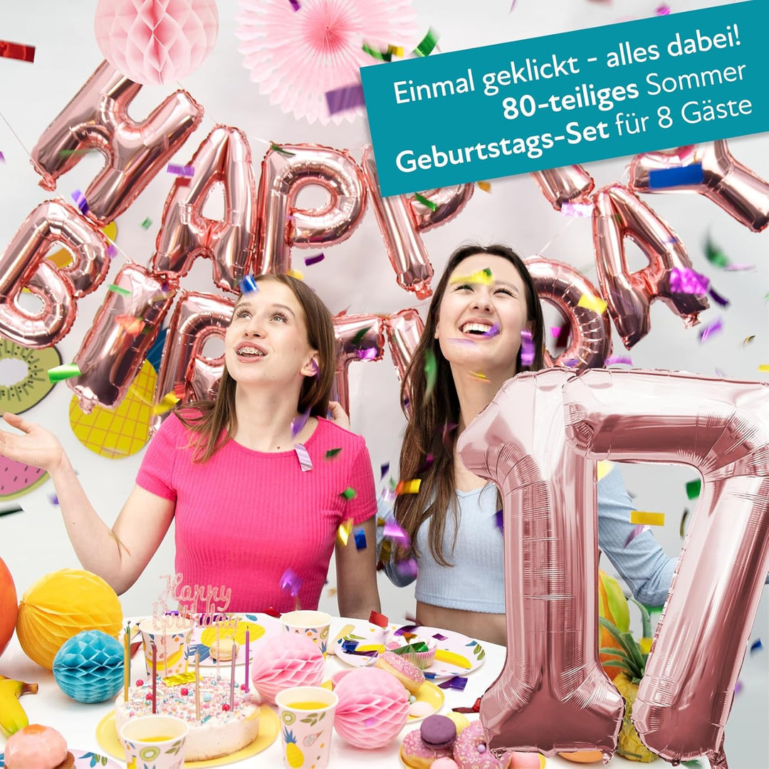 PARTY PARTY 80 Teile Geburtstag Sommer Partygeschirr 17. Geburtstag rosa Deko, 8 Gäste (Becher, Tell