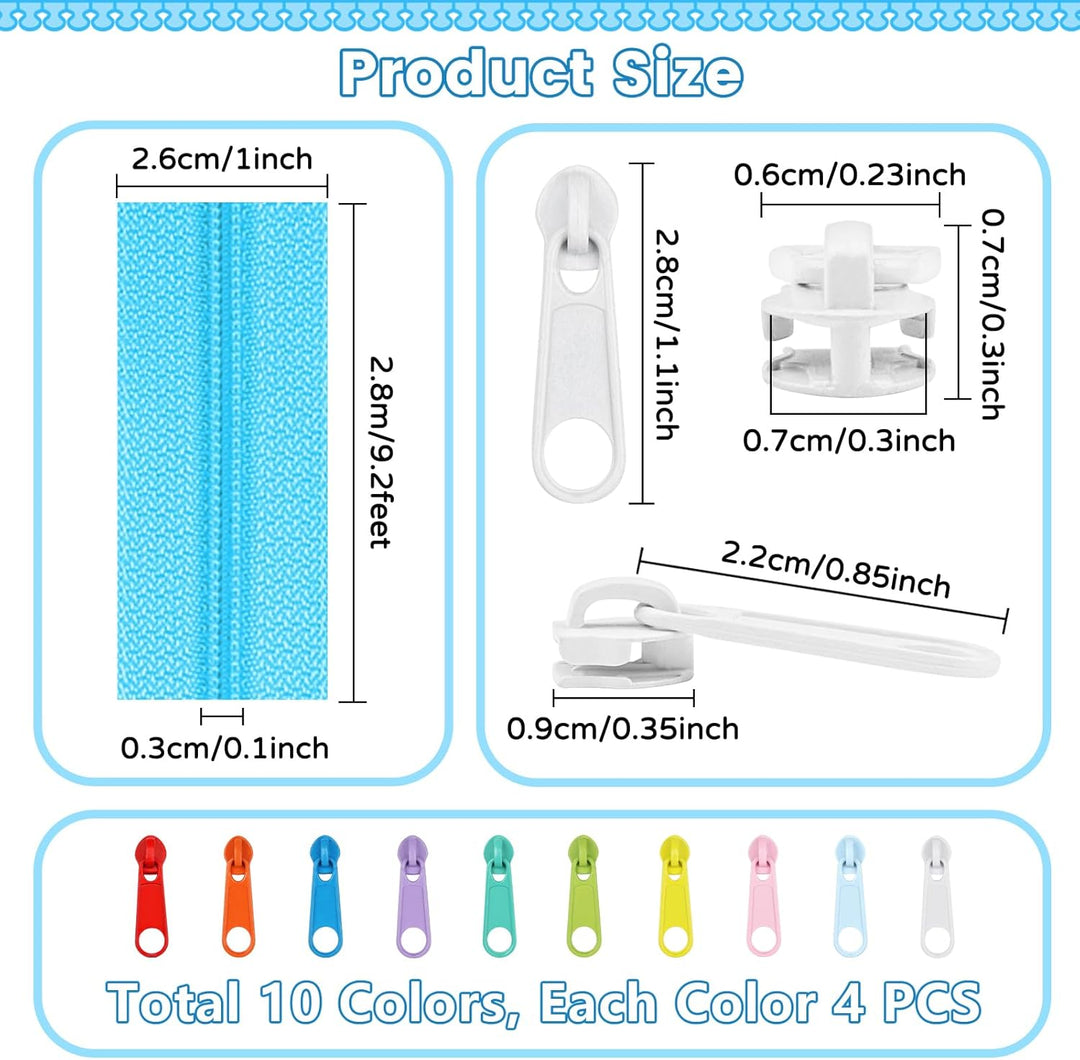 DOITEM 2,8 mm 10 Farben Reissverschlüsse 28 m Nylon-Endlos-Reissverschluss-Set mit Schieber und Reis