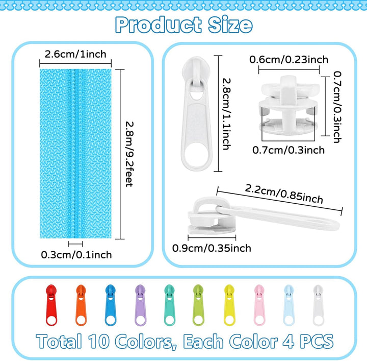 DOITEM 2,8 mm 10 Farben Reissverschlüsse 28 m Nylon-Endlos-Reissverschluss-Set mit Schieber und Reis