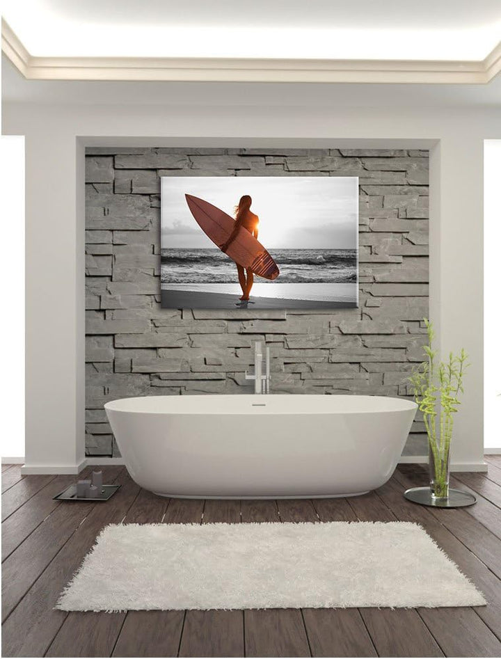 Pixxprint Surferin vor Sonnenuntergang als Leinwandbild/Grösse: 100x70 cm/Wandbild/Kunstdruck/fertig