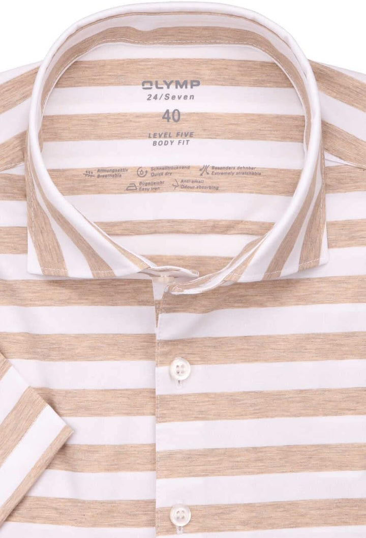 OLYMP Level Five 24/Seven Body fit Schlupfhemd Halbarm Haifischkragen Ringel braun 42 Beige, 42 Beig