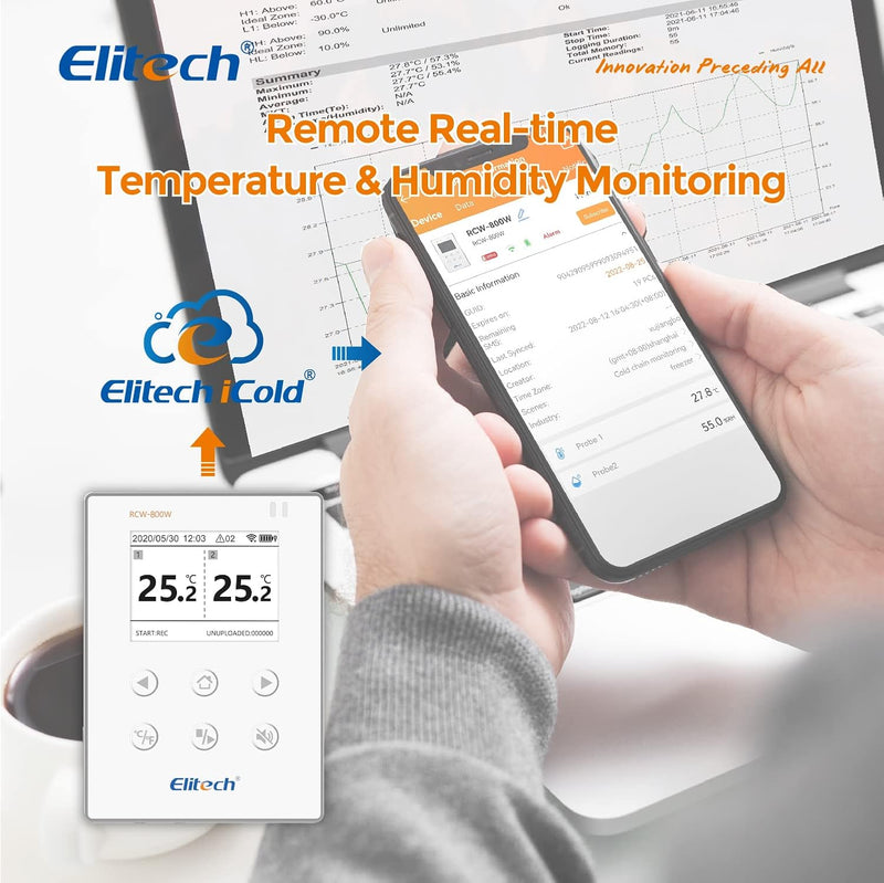 Elitech Temperatur-Datenlogger, drahtlose Fernüberwachung, Externer doppelter Temperaturfühler, Warn
