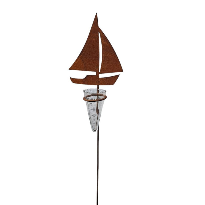 Bornhöft Edelrost Gartenstecker Schiff mit Glas-Regenmesser, Metall, 110 cm, Wetterfest, Garten-Deko