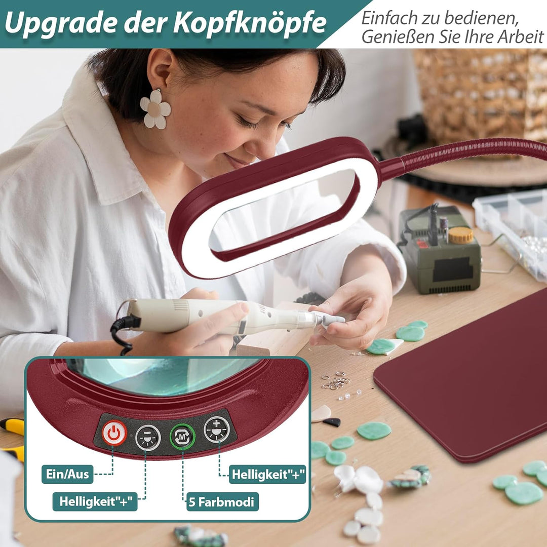Drdefi 10X Rectangle Lupe mit Licht und Ständer, Echtes Glas Lupenlampe, 5 Farbmodi Stufenlos Dimmba