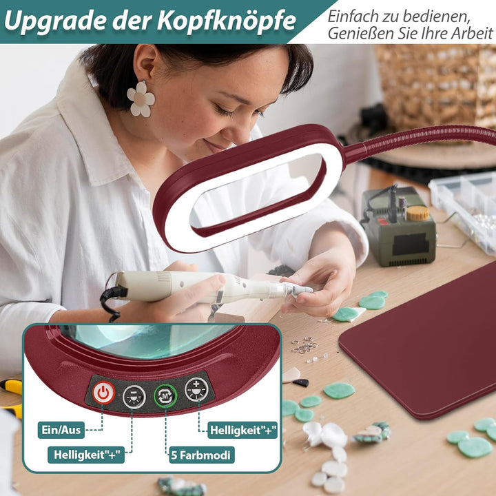 Drdefi 10X Rectangle Lupe mit Licht und Ständer, Echtes Glas Lupenlampe, 5 Farbmodi Stufenlos Dimmba