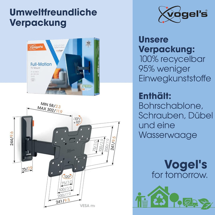 Vogel's Comfort TVM 3225 Schwenkbare TV-Wandhalterung für 19-43 Zoll Fernseher, Max. 15 kg, Schwenkb