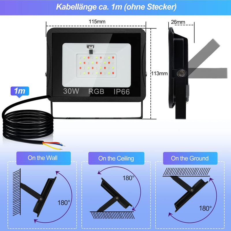 Joparri 4er 30W RGB LED Strahler mit Fernbedienung,16 Farben 4 Modi,IP66 Wasserdicht, Bunt Dimmbar F