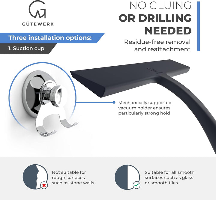 GÜTEWERK Duschabzieher Set mit Halter - schwarz 23 cm breit - ohne Bohren Silikon Abzieher Dusche Ba
