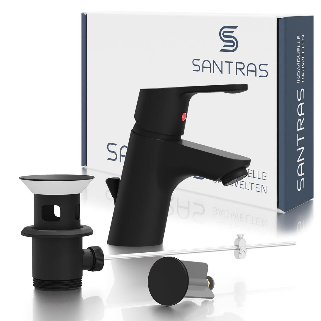 SANTRAS® Waschtischarmatur Bad in Matt-Schwarz mit Zugstange & Exzenter Ablaufgarnitur – Einhebelmis