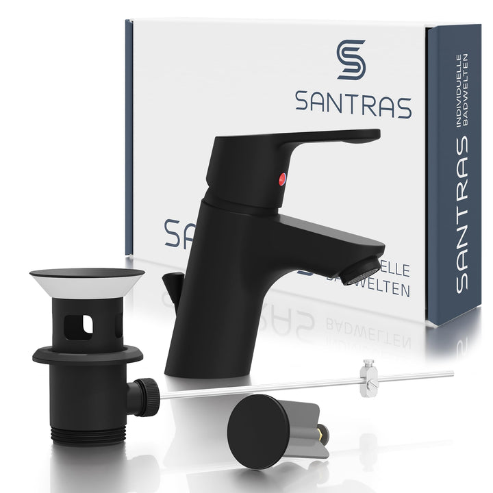 SANTRAS® Waschtischarmatur Bad in Matt-Schwarz mit Zugstange & Exzenter Ablaufgarnitur – Einhebelmis
