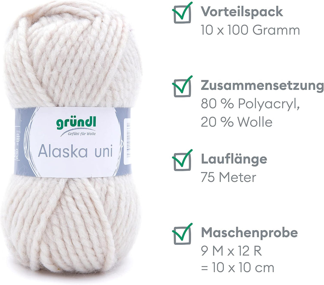 Gründl Alaska uni (Strick- und Häkelgarn mit wollartigem Charakter aus 80% Polyacryl und 20% Wolle,