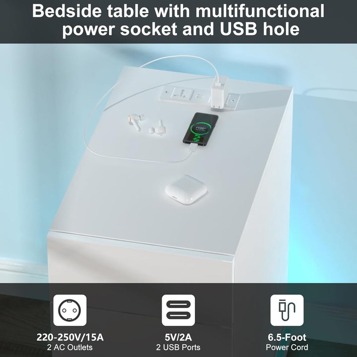 Nachttisch Schmal mit Led, Schmaler Kleiner Nachtschrank mit Steckdose und 3 Schubladen, Nachtkästch