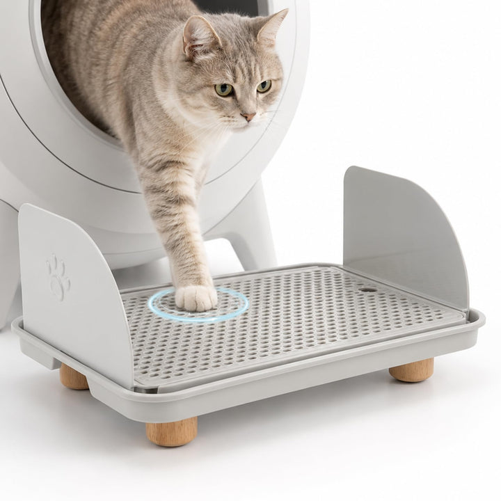 Katzenstreu Rampe mit Filterfunktion - rutschfeste Katzentoilettenstufe mit 4cm Hohe Holzfüsse - Kat